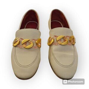 Kurt Geiger London Kiara Bone Leather Ivory Chain Detail Loafers Size 36 EU 6 US
